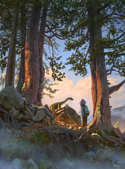 ambiguous_gender backpack biped bottomwear brown_body brown_scales clothing cloud day duo feral forest hand_in_pocket hoodie looking_at_another male mountain outside pants plant pockets quadruped rock scales standing topwear tree mael_oh dinosaur human mammal prehistoric_species reptile scalie 2022 digital_media_(artwork) hi_res