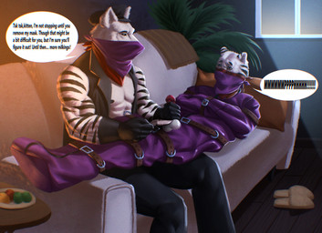 anthro balls bdsm bondage bound buckle clothing dialogue duo erection footwear fully_bound furniture genitals gloves handjob handwear hat headgear headwear inside kerchief leather leather_clothing leather_gloves leather_handwear leather_topwear leather_vest lying lying_on_partner male male/male male_anthro muscular muscular_male nipples on_lap orgasm_torture partially_clothed_male penile pillow sex shoes sitting sleepsack slippers sofa text topwear vest window guyinvintageclothes vaurien canid canine canis felid mammal pantherine tiger wolf 2025 digital_media_(artwork) english_text hi_res shaded