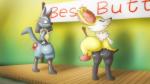 ambiguous_gender anthro award award_ribbon big_butt blush butt contest crossed_arms duo frown fur huge_butt inner_ear_fluff jealous looking_back orange_body orange_fur ribbons smile stage tail text tuft white_body white_fur yellow_body yellow_fur unknown_artist nintendo pokemon braixen canid canine generation_4_pokemon generation_6_pokemon lucario mammal pokemon_(species) 16:9 2016 colored english_text widescreen