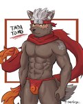 abs accessory asian_clothing brown_body brown_fur bulge burn_scar clothed clothing detailed_bulge east_asian_clothing fundoshi fur hair headband japanese_clothing looking_at_viewer male muscular muscular_male red_clothing red_eyes red_fundoshi red_underwear scar scarf solo topless underwear white_body white_fur white_hair yellow_sclera over_long overlong12 lifewonders tokyo_afterschool_summoners tadatomo_(tas) canid canine canis domestic_dog mammal hi_res