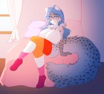 anthro bed bedroom big_breasts blue_eyes blue_hair breasts clothing detailed_background featureless_breasts female furniture hair huge_breasts inside legwear legwear_only lesbian_pride_colors lgbt_pride long_hair long_tail orange_lesbian_pride_colors pride_color_clothing pride_color_legwear pride_colors solo spots tail thigh_highs thigh_highs_only kttsunne skylar_(skylykat) domestic_cat felid feline felis mammal digital_media_(artwork) hi_res shaded