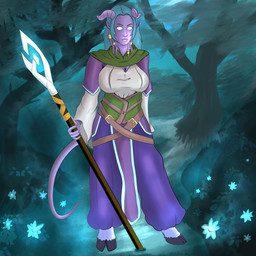 2_horns biped clothing cloven_hooves female female_humanoid flower forest front_view hair hooves horn long_hair magic_staff magic_user plant purple_body purple_skin solo staff standing tail tree kitsunitachi blizzard_entertainment warcraft eerie draenei humanoid hi_res