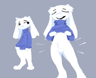 anthro barefoot black_eyes blue_clothing blue_sweater blue_topwear bottomless bottomless_anthro bottomless_female clothed clothing clothing_lift crotch_tuft eyelashes eyes_closed facial_scar featureless_crotch feet female floppy_ears fur grey_background long_ears looking_aside lop_ears narrowed_eyes null open_mouth open_smile scar simple_background smile solo standing sweater sweater_lift sweater_only teeth topwear topwear_lift topwear_only tuft white_body white_ears white_fur white_tuft x_scar uglycoal cave_story sue_sakamoto lagomorph mammal mimiga 2025 digital_drawing_(artwork) digital_media_(artwork) lineless shaded simple_shading
