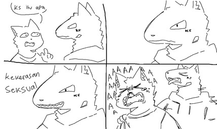 anthro duo forced male male/male rape sex text pazufeels mau_makan_apa tobii_agustin canid canine canis domestic_cat felid feline felis mammal wolf black_and_white comic indonesian_text monochrome translated