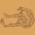 abs anthro male mid_transformation muscular muscular_anthro muscular_male nipples nude orange_background simple_background sitting solo stretching transformation awarebear amphibian frog werecreature werefrog 1:1