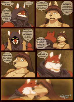 5_fingers anthro anthro_on_anthro big_breasts black_nose bodily_fluids breasts brown_hair brown_nose claws cleavage clothed clothed_anthro clothed_female clothed_male clothing crying dialogue duo eyes_closed fangs female finger_claws fingers fur hair hood humanoid_hands intimate kiss_on_lips kissing male male/female multicolored_body multicolored_fur red_body red_fur romantic romantic_couple smile speech_bubble tan_body tan_fur tears teeth text tongue two_tone_body two_tone_fur white_body white_fur xxsparcoxx acarius_medjay nineveh_(xxsparcoxx) teofacio_larna canid canine canis fox jackal mammal red_fox true_fox 2022 absurd_res comic hi_res spanish_text