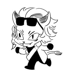 :3 ambiguous_gender anthro biped black_body black_fur braided_hair chibi clothed clothing cute_fangs eyewear fangs fully_clothed fur hair pupils running slit_pupils solo sunglasses teeth white_body white_eyes white_fur white_hair kkron_m final_fantasy final_fantasy_xiv square_enix felid hrothgar mammal low_res monochrome