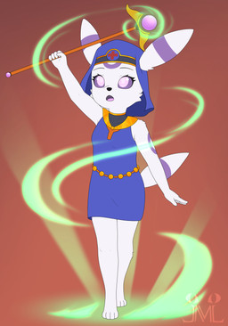 anthro blue_clothing blue_dress clothed clothing dress female fur gold_accessory magic magic_staff purple_eyes solo veil white_body white_fur young jm-luxro nintendo pokemon fan_character eeveelution generation_2_pokemon pokemon_(species) umbreon absurd_res hi_res