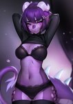 anthro big_breasts biped black_clothing breasts clothed clothing eyebrows female fingers frill_(anatomy) grey_body grey_scales hair horn legwear looking_at_viewer membrane_(anatomy) membranous_frill multicolored_body multicolored_scales navel non-mammal_breasts pupils purple_body purple_eyebrows purple_eyes purple_hair purple_scales purple_tail scales simple_background solo tail thick_thighs thigh_gap topwear two_tone_body two_tone_scales shermugi mythology yubi_clearsky dragon mythological_creature mythological_scalie scalie wingless_dragon 2024 absurd_res hi_res