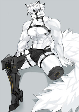 abs anthro briefs bulge clothing detailed_bulge fur hair harness leather leather_harness male male_anthro mechanical_leg missing_leg muscular muscular_anthro muscular_male nipples pecs prosthetic prosthetic_leg prosthetic_limb solo underwear white_body white_fur white_hair kyoocanem mihoyo zenless_zone_zero von_lycaon canid canine canis mammal wolf absurd_res hi_res