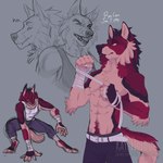 anthro arm_tuft bandage bandaged_arm bandaged_leg bared_teeth belt bottomwear cheek_tuft chest_tuft clothed clothing elbow_tuft facial_tuft fangs fur male narrowed_eyes orange_eyes pants pink_body pink_fur pink_tail red_body red_fur red_tail simple_background solo tail teeth topless topwear tuft white_clothing white_topwear rayliicious canid canine canis mammal red_wolf wolf 1:1 sketch sketch_page