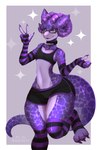 3_toes 4_fingers anthro armwear bottomwear bra bulge clothed clothing collar countershade_face countershade_torso countershading crossdressing dolphin_shorts eyewear feet femboy fingers glasses horn legwear male midriff pattern_armwear pattern_clothing pattern_legwear pupils purple_body purple_scales scales shorts simple_background solo sports_bra striped_armwear striped_clothing striped_legwear stripes tail thick_thighs toes topwear underwear white_pupils wide_hips nodriot purple_lust_(2dt) kobold reptile scalie absurd_res hi_res
