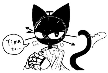 anthro biped black_body black_tail blush clothing dialogue ellipsis female fingers heart_eyes heart_symbol looking_at_viewer simple_background solo speech_bubble standing sweater tail tail_motion tailwag topwear white_background sabgong clock_cat_(sabgong) domestic_cat felid feline felis mammal black_and_white monochrome
