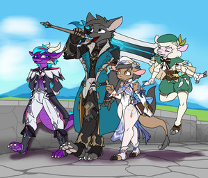 anthro armor armor_plates armwear bard big_ears big_tail black_cloak black_clothing black_eyes blue_eyes blue_highlights blue_sky bottomwear breasts broken_horn brown_body brown_fur choker claws claymore cloak clothed clothing cloud collared_shirt cosplay curved_horn detached_sleeves dragon_horn dress eyes_closed facial_horn feathers female flower flying fur gauntlets gesture gloves gradient_eyes green_grass grey_body grey_fur group hair hand_gesture hands_behind_back handwear hat headgear headwear highlights_(coloring) holding_object holding_weapon hooves horn jacket jewelry larger_male legwear long_sleeves looking_at_another looking_at_partner looking_up magic_user male male/female mouth_closed multicolored_body multicolored_scales necklace open_clothing open_jacket open_topwear orange_eyes pants pantyhose pawpads plant purple_body purple_hair purple_scales raised_finger raised_index_finger scales shadow shirt short_hair sidelocks size_difference sky small_breasts smaller_female smile stone_floor stone_wall suit symbol tail telepathy thick_thighs tight_clothing topwear two_tone_body two_tone_scales vision_(genshin_impact) walking wall_(structure) weapon weapon_on_shoulder weapon_over_shoulder white_body white_clothing white_dress white_flower white_fur white_hat white_headwear white_legwear white_pantyhose white_wool witch wool_(fur) wool_hair twtr genshin_impact mihoyo mythology durin_(genshin_impact) jim_the_lamb manitka_storm nicole_(genshin_impact) varka_(genshin_impact) venti_(genshin_impact) wolf_(twtr) yubel_the_dragon angel bovid bovine canid canine canis caprine cattle dragon humanoid mammal mythological_creature mythological_scalie scalie sheep wolf absurd_res hi_res