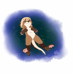 4_toes anthro blush blush_lines brown_body brown_fur casual_nudity countershade_fur countershade_torso countershading eyes_closed feet female female_anthro flat_chested floating fur genitals gloves_(marking) hair leg_markings long_tail markings navel nude nude_anthro nude_female partially_submerged pawpads relaxing ripples simple_background skinny_dipping smile socks_(marking) solo tail tan_hair text toes vulva water young young_anthro young_female nekostar mammal mustelid otter 1:1 2025 artist_name dated digital_drawing_(artwork) digital_media_(artwork) flat_colors full-length_portrait hi_res portrait