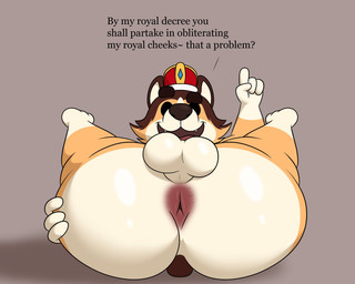 anthro anus balls big_butt black_eyes brown_body brown_ears brown_fur brown_nose brown_tail butt crown eyebrows fangs fur genitals hand_on_butt hand_on_own_butt headgear looking_at_viewer lying male multicolored_body multicolored_fur on_back presenting presenting_anus presenting_hindquarters question_mark raised_eyebrow raised_finger rear_view royalty sharp_teeth short_tail smile solo tail tan_body tan_fur teeth text thick_thighs tongue colossalstars arthur_higgles canid canine canis domestic_dog herding_dog mammal pastoral_dog welsh_corgi 2025 5:4 digital_media_(artwork) english_text hi_res