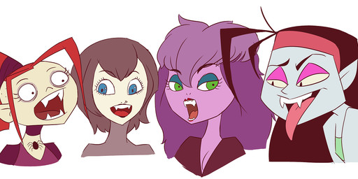 accessory black_hair blue_eyes eyeshadow fangs female green_eyes group hair headband lipstick long_tongue makeup not_furry open_mouth purple_body purple_hair purple_skin red_hair teeth tongue kythos ghoul_school hanna-barbera hotel_transylvania school_for_vampires scooby-doo_(series) the_baskervilles fangora_dracula gruftine mavis_dracula sibella_dracula humanoid vampire crossover hi_res