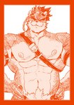 abs belt border claws eyewear goggles looking_at_viewer male muscular muscular_male nipples orange_border pecs simple_background solo dkqthf epic7 cartuja canid canine mammal