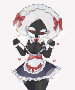 anthro big_breasts black_body blush bottomwear breasts clothing female heart_symbol looking_at_viewer maid_uniform mostly_nude purple_bottomwear purple_clothing purple_skirt red_ribbon simple_background skirt solo teasing text undressing uniform 17hornet77987 hollow_knight:_silksong hollow_knight_(franchise) team_cherry lace_(hollow_knight:_silksong) arachnid arthropod spider artist_name hi_res