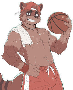 anthro backwards_baseball_cap backwards_hat ball baseball_cap basketball_(ball) basketball_shorts biceps bodily_fluids bulge clothed clothing hat headgear headwear kemono male muscular muscular_male pecs solo sweat topless topless_anthro topless_male towel towel_on_shoulder leeksaltboy tanuki_kun_(leeksaltboy) canid canine mammal raccoon_dog tanuki hi_res