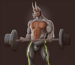 anthro athletic athletic_anthro balls_outline barazoku beard body_hair bulge chest_hair chest_tuft clothing detailed_bulge exercise facial_hair fur genital_outline grey_body grey_fur grin gym hairy horn latex leggings legwear male manly muscular penis_outline smile smug solo teeth tight_clothing tuft weightlifting workout wolfsecret mythology canid canid_demon canine canis demon hellhound mammal mythological_canine mythological_creature wolf hi_res