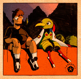 beak black_clothing black_shirt black_t-shirt black_topwear bottomwear cargo_shorts cliff clothed clothing duo eye_contact feathers feet female feral footwear hair light logo looking_at_another male male/female plant pleased_expression shirt shoes shorts shrub simple_background sitting sitting_on_ground smile sneakers sunset t-shirt talons text toes topwear tree wings hoosierman9911a game_freak nintendo pokemon jon_(hoosierman9911a) avian bird generation_2_pokemon human mammal pokemon_(species) xatu 2025 absurd_res artist_logo artist_name colored digital_drawing_(artwork) digital_media_(artwork) english_text hi_res lighting portrait shaded