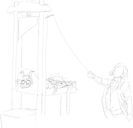 ambiguous_gender anthro bodily_fluids bound clothing crying duo guillotine hair headgear headwear horn imminent_death simple_background spiked_tail spikes spikes_(anatomy) tail tears white_background wig general_proton cavemanon_studios snoot_game schizo_chan_(snoot_game) compsognathid compsognathus dinosaur human mammal prehistoric_species reptile scalie theropod monochrome sketch