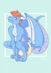 anthro bodily_fluids clothed clothing crouching diaper genital_fluids hair male orange_hair simple_background solo tail unclean_diaper urine used_diaper wearing_diaper wet_diaper wetting white_diaper dracky mythology bluescales dragon mythological_creature mythological_scalie scalie 2019 hi_res