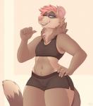 ambiguous_gender anthro athletic athletic_ambiguous athletic_anthro blue_eyes bra clothed clothing colored_nails facial_piercing hair nails neck_tuft nose_piercing piercing pink_hair septum_piercing simple_background skimpy solo sports_bra thick_thighs tuft underwear nextel domestic_ferret mammal mustelid musteline true_musteline weasel 2017 digital_media_(artwork) hi_res shaded