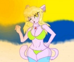 anthro bikini breasts clothing female fur hair jewelry looking_at_viewer navel necklace one_eye_closed paws pink_body pink_fur solo swimwear two-piece_swimsuit wide_hips wink yellow_eyes unknown_artist hasbro littlest_pet_shop littlest_pet_shop_(2012) delilah_(lps) domestic_cat felid feline felis mammal