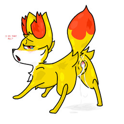 anus blush bodily_fluids butt cum cum_in_vagina cum_inside dialogue digitigrade dipstick_tail female feral fur genital_fluids genitals hair looking_at_viewer looking_back markings open_mouth quadruped red_eyes simple_background solo spread_legs spreading tail tail_markings text vulva white_background yellow_body yellow_fur backsash nintendo pokemon canid canine fennekin generation_6_pokemon mammal pokemon_(species) english_text