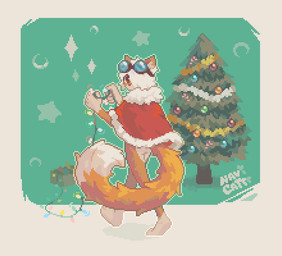 anthro butt cat_tail christmas_clothing christmas_decorations christmas_lights christmas_ornament christmas_tree clothed clothing costume evergreen_tree eyewear eyewear_on_head fluffy fluffy_tail fur glasses glasses_on_head green_background hair holidays looking_at_viewer male ornament pine_tree plant santa_coat santa_costume simple_background solo standing star tail tree white_body white_fur white_hair navicattt christmas domestic_cat felid feline felis mammal 2025 colored digital_drawing_(artwork) digital_media_(artwork) pixel_(artwork)