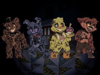 beak black_bow_tie black_top_hat bow_tie chibi clothing fingers hat headgear headwear hook hook_hand machine open_mouth red_bow_tie screencap screencap_background sharp_fingers sharp_teeth teeth tongue top_hat parade_yesterday five_nights_at_freddy's five_nights_at_freddy's_4 scott_cawthon scottgames freddles_(fnaf) nightmare_bonnie_(fnaf) nightmare_chica_(fnaf) nightmare_cupcake_(fnaf) nightmare_foxy_(fnaf) nightmare_freddy_(fnaf) animatronic avian bear bird canid canine chicken fox galliform lagomorph leporid mammal phasianid rabbit robot 2026 4:3 absurd_res digital_media_(artwork) hi_res