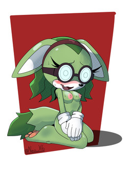 accessory blush bodily_fluids breasts clothing eyewear feet female fur glasses gloves green_body green_fur green_hair hair hair_accessory handwear nipples nude nude_female solo sweat tail text neo_x6 idw_publishing sega sonic_the_hedgehog_(comics) sonic_the_hedgehog_(idw) sonic_the_hedgehog_(series) megani_the_jackal canid canine canis humanoid jackal mammal artist_name hi_res