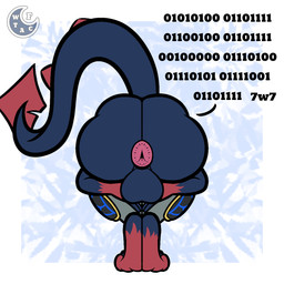 anthro anus armor backsack balls big_butt binary_code blue_body blue_fur butt fur genitals machine male pink_anus presenting presenting_hindquarters red_body red_fur solo fubuki_wtac praise_da_booty_(meme) fox_becket canid canine mammal protogen 1:1 hi_res
