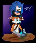 anthro boob_hat breasts cleavage clothed clothing crossgender dialogue duo female implied_erection male text pranky sega sonic_the_hedgehog_(series) miles_prower sonic_the_hedgehog eulipotyphlan hedgehog mammal absurd_res alpha_channel english_text hi_res