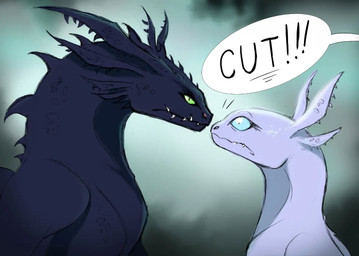 abstract_background black_eyes black_sclera blue_sclera dialogue duo eyes_closed fangs female feral frown green_sclera larger_feral larger_male looking_at_viewer looking_down male offscreen_character scales sharp_teeth side_view size_difference smaller_female smaller_feral speech_bubble surprised teeth text white_body white_scales jaedfly dreamworks european_mythology how_to_train_your_dragon mythology nubless toothless dragon fury_(httyd) light_fury mythological_creature mythological_scalie night_fury scalie western_dragon 2022 english_text