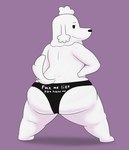 anthro big_butt biped black_eyes black_nose butt clothing dot_eyes simple_background solo text text_on_clothing text_on_underwear underwear white_body colossalstars dogs_in_space happy_(dogs_in_space) canid canine canis domestic_dog mammal poodle 2022 absurd_res english_text hi_res