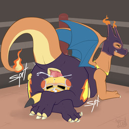 big_cheeks bodily_fluids cheek_bulge claws clothing cosplay_pikachu_(costume) cum cum_from_nose cum_in_mouth cum_in_nose cum_inside duo face_fucking fellatio female feral fighting_ring fire genital_fluids genitals irrumatio knotting larger_male leg_wrap male male/female mask oral oral_knotting oral_penetration penetration penile penis penis_in_mouth questionable_consent sex size_difference smaller_female smile sports_mask sportswear tapering_penis wrestler wrestling wrestling_mask flowerbud nintendo pokemon pikachu_libre charizard generation_1_pokemon pikachu pokemon_(species) hi_res