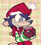 anthro bell beverage black_hair black_nose blue_eyes brown_clothing brown_gloves brown_handwear candy chocolate christmas_clothing christmas_headwear clothing container cup dessert eyebrows eyelashes female food gloves hair handwear hat headgear headwear holidays hoodie hot_beverage hot_chocolate jingle_bell looking_down marshmallow mug pattern_background pattern_clothing pattern_hoodie pattern_topwear pockets red_clothing red_hoodie red_topwear santa_hat short_hair simple_background smile solo striped_clothing striped_hoodie striped_topwear stripes tan_body teeth thin_eyebrows topwear lumspark christmas yoyo_(lumspark) canid canine mammal 2022 colored