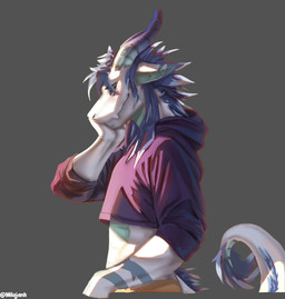 anthro blue_body blue_hair bottomwear clothed clothing crop_top fur grey_background hair hoodie horn male markings shirt shy side_view simple_background solo tail topwear white_body white_fur milajanh mythology dragon mythological_creature mythological_scalie scalie 2025 digital_media_(artwork) half-length_portrait hi_res portrait