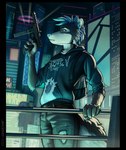 anthro city clothed clothing confident cyberpunk detailed_background fingers fur gun hair holding_object holding_weapon machine_gun male night outside pose ranged_weapon solo standing topwear weapon jakeseeker canid canine canis domestic_dog husky mammal nordic_sled_dog spitz absurd_res digital_media_(artwork) hi_res