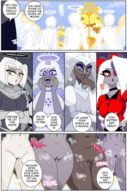blue_pupils blue_sclera bodily_fluids breasts brown_body brown_skin clothing dialogue exclamation_point female fingers freckled_face freckles genital_fluids genitals grey_clothing group hair halo navel not_furry open_mouth pink_sclera profanity pupils red_clothing speech_bubble teeth text tongue vaginal_fluids vulva white_body white_clothing white_hair white_skin yellow_eyes carliabot hazbin_hotel hellaverse emily_(hazbin_hotel) lute_(hazbin_hotel) sera_(hazbin_hotel) vaggi_(hazbin_hotel) angel humanoid 2024 2:3 comic english_text hi_res