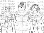2019 4:3 angry anthro armor army big_breasts breasts bucky_(hladilnik) canid canine canis clothed clothed_breasts clothing dialogue domestic_cat domestic_dog english_text felid feline felis female fur group hi_res komododad male mammal marines military military_uniform monochrome oorah peggy_patterson samantha_thott slightly_chubby text text_on_clothing text_on_topwear topwear uniform