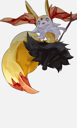 3_fingers 3_toes action_pose ambiguous_anthro ambiguous_gender anthro arm_tuft big_tail biped black_body black_fur cheek_tuft chest_tuft cute_fangs digitigrade dipstick_tail facial_tuft fangs feet fingers flat_chested front_view fur glowing glowing_eyes hip_tuft holding_object holding_stick inner_ear_fluff looking_at_viewer looking_down looking_down_at_viewer low-angle_view markings midair multicolored_body multicolored_fur nude_ambiguous nude_anthro open_mouth orange_body orange_eyes orange_fur orange_inner_ear_fluff orange_nose orange_tail_tip pointy_ears pose prick_ears shoulder_tuft simple_background solo stick tail tail_markings tapering_snout teeth toes tongue tuft two_tone_tail white_background white_body white_fur worm's-eye_view yellow_body yellow_fur yellow_tail tattanbu nintendo pokemon braixen canid generation_6_pokemon mammal pokemon_(species) 2015 colored digital_drawing_(artwork) digital_media_(artwork) full-length_portrait portrait shaded