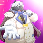 anthro belly big_belly black_body blue_eyes cape clothed clothing electronics gloves hair handwear humanoid_hands kemono male microphone overweight overweight_male solo white_hair kiyo vtuber kokuba_hoeguro canid canine mammal 1:1 2022