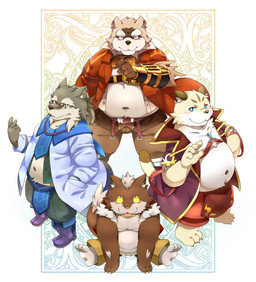 anthro belly bottomwear clothing eyewear glasses group humanoid_hands kemono male navel overweight overweight_male pants shirt sitting tongue tongue_out topwear nikiciy canid canine canis felid feline mammal raccoon_dog tanuki wolf 2015 hi_res
