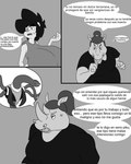 anthro big_breasts breasts clothing cross-popping_vein duo female hair huge_breasts male shirt solo tentacles text topwear kuge piku_(kuge) caviid guinea_pig mammal rhinoceros rodent scalie comic hi_res monochrome spanish_text