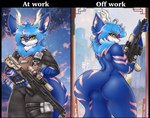 anthro armor bulletproof_vest butt clothed clothing eyewear femboy fur glasses gloves gun hair handwear holding_gun holding_object holding_ranged_weapon holding_weapon looking_at_viewer looking_back looking_back_at_viewer low-angle_view male nude presenting raised_tail ranged_weapon rifle simple_background smile solo tactical_femboy tactical_gear tail topwear weapon tasticstarlight mythology kallus_(kallus_tale) dragon furred_dragon furred_scalie mythological_creature mythological_scalie scalie digital_media_(artwork) hi_res shaded