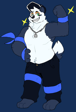anthro barefoot biped black_baseball_cap black_body black_bottomwear black_clothing black_fur black_pants bottomwear chest_tuft clothed clothing crotch_tuft dog_tags feet flexing flexing_bicep fur green_eyes grin hand_on_hip looking_at_viewer male multicolored_body multicolored_fur neck_tuft pants smile solo sparkles tail text topless topless_anthro topless_male tuft two_tone_body two_tone_fur white_body white_fur tatertottoto bear mammal 2017 alpha_channel artist_name digital_drawing_(artwork) digital_media_(artwork) english_description full-length_portrait hi_res portrait